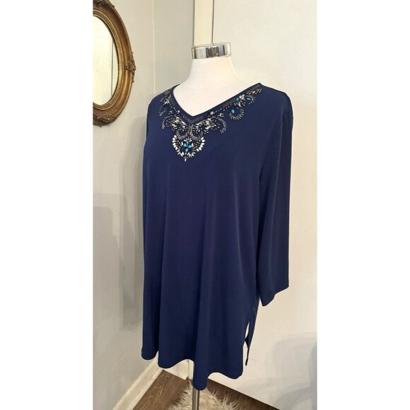 Susan Graver Artisan Top Size XL  Blue Beaded V Neck 3/4 Sleeve Tunic Blouse - Picture 9 of 15